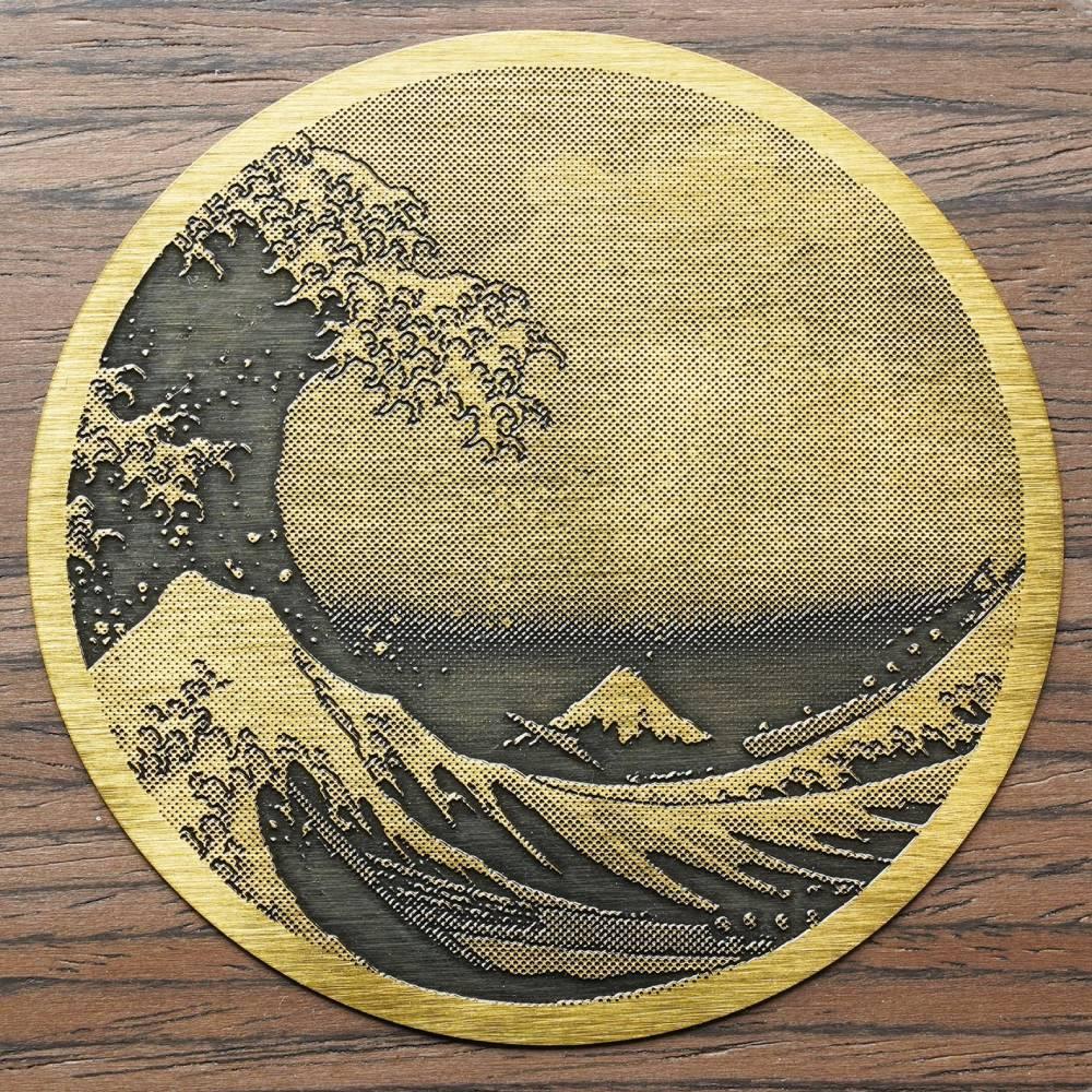 Yamaco Brass Wood Coaster Ukiyo-e Great Wave off Kanagawa Design