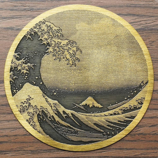 Yamaco Brass Wood Coaster Ukiyo-e Great Wave off Kanagawa Design